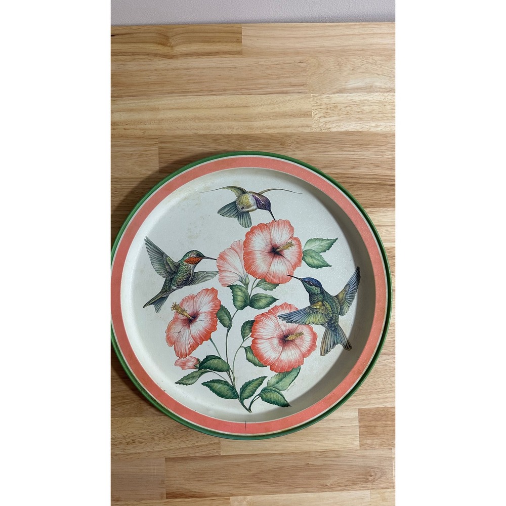 Vintage Hummingbird Hibiscus Round Metal Serving Tray Pink Green Floral 13.25"